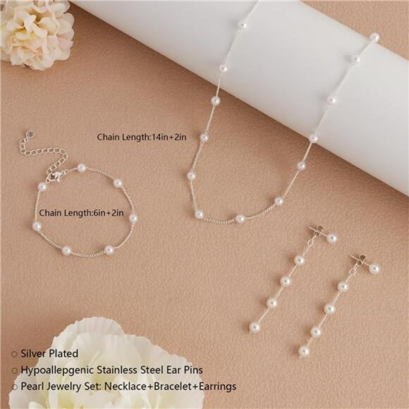 Dainty Pearl Necklace Earrings Bracelet Set Gold Silver Plated Wedding Jewelry - Picture 4 of 7